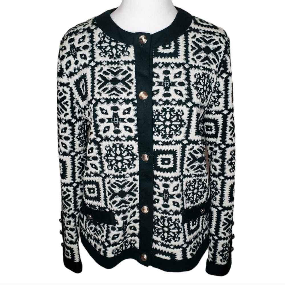 VINTAGE 80s Stuart Alan Knit Cardigan Green & White Nordic Quilt Print Sz 12